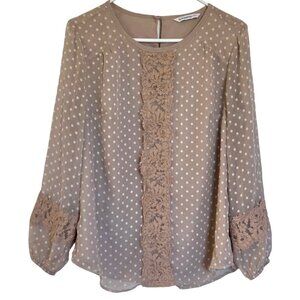 Isaac Mizrahi Women's Long Sleeve Blouse Size 8 Taupe Peasant Polka Dot Lace